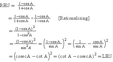 prove that: 1 - cosA / 1+ cosA=(cotA - cosecA)2 - Maths - Introduction