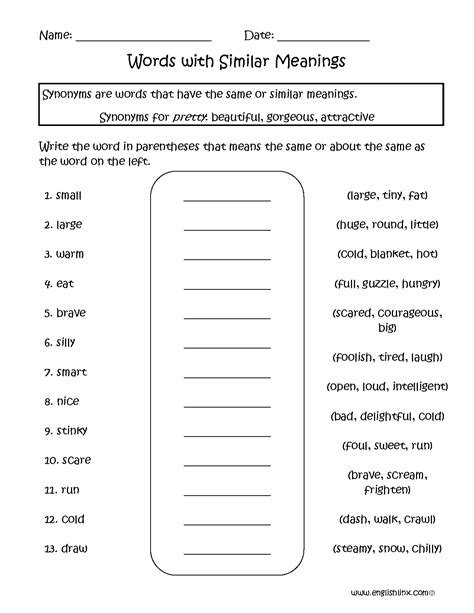 Synonym Worksheet For Grade 2