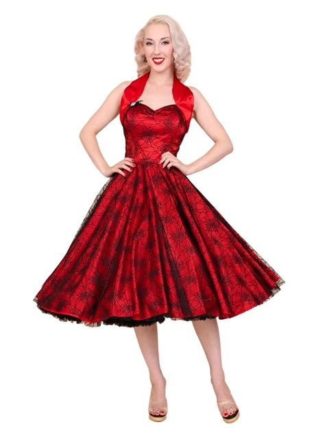 1950s Halterneck Luxury Red Satin Spiderweb Dress From Vivien Of Holloway