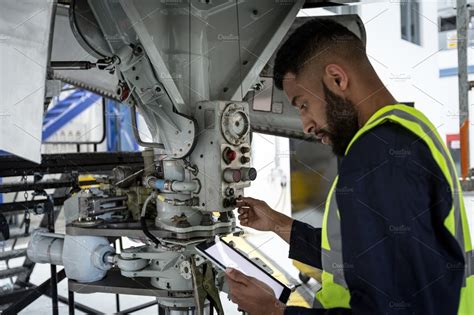 Male Aircraft Maintenance Engineer Examining Engine Of An Aircraft