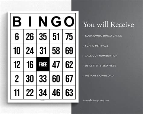 Printable Jumbo Bingo Cards Set Of 1000 Large Print Bingo Etsy Canada