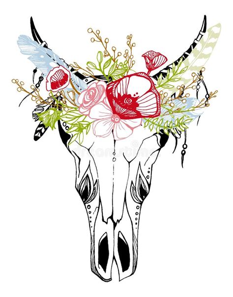 Cow Buffalo Bull Skull In Tribal Style With Flowers Bohemian Boho Vector Illustration Wild