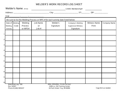 Michigan Welders Work Record Log Sheet Download Printable Pdf