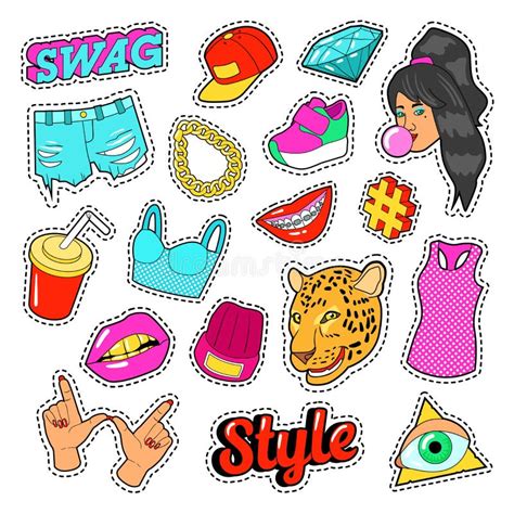 Swag Fashion Elements With Hands Lips And Clothes For Stickers Badges