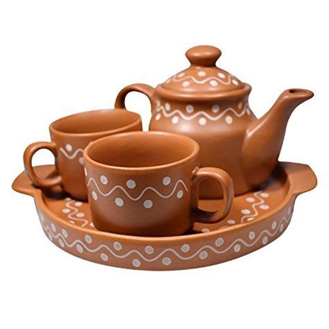 Free shipping for many products! White Dotted Brown Ceramic Clay Tea Pot Tea Plate & 2 Tea Cup Set - China & Dinnerware