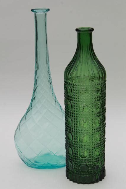 70s Vintage Colored Glass Decanters Tall Mod Genie Bottles In Blue And Green Pressed Glass