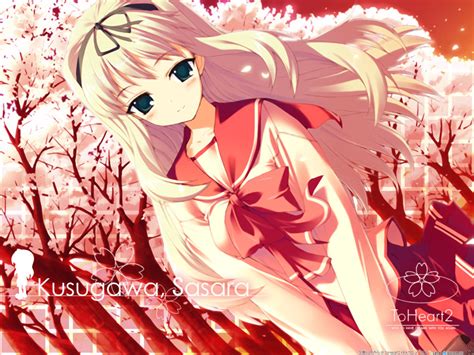 Safebooru 1girl Blonde Hair Blush Cherry Blossom Green Eyes Kusugawa Sasara Seifuku Smile Solo