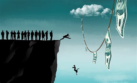 People falling from cliff reaching for banknotes hanging on sky Stock 