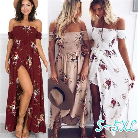 S 5xl Boho Style Womens Sexy Off Shoulder Floral Print Dress Summer