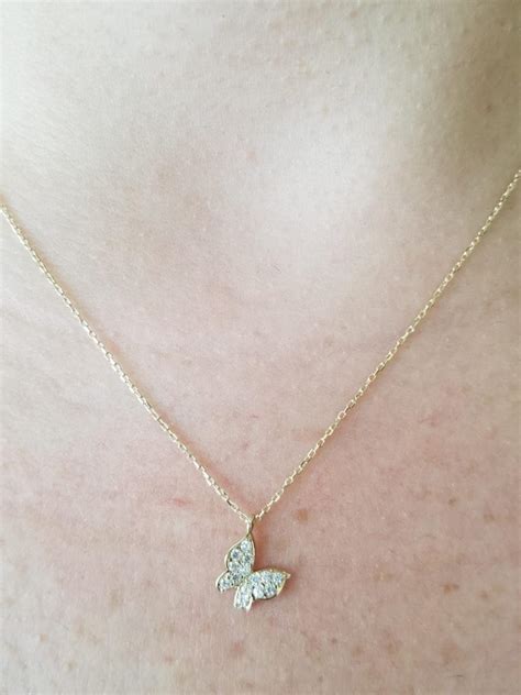 Butterfly Necklace 14k Solid Yellow Gold Butterfly Necklace Diamond