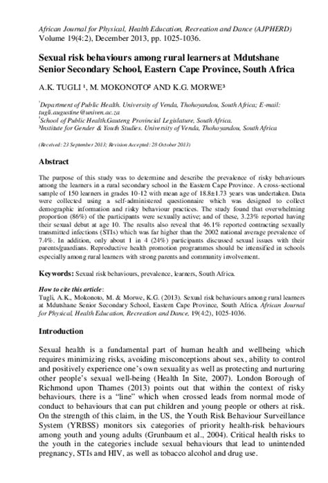 Pdf Sexual Risk Behaviours Among Rural Learners At Mdutshane Senior Secondary School Eastern