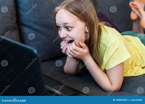 Happy Excited Preteen Girl Chatting Online Using Laptop For Video Call Stock Image Image Of