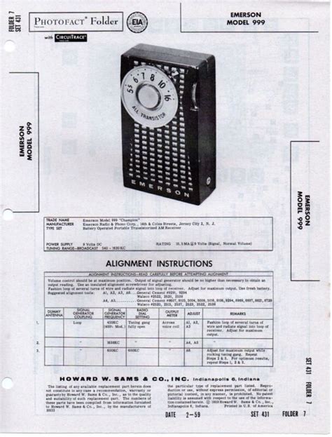 1959 Emerson 999 Transistor Radio Service Manual Photofact Schematic