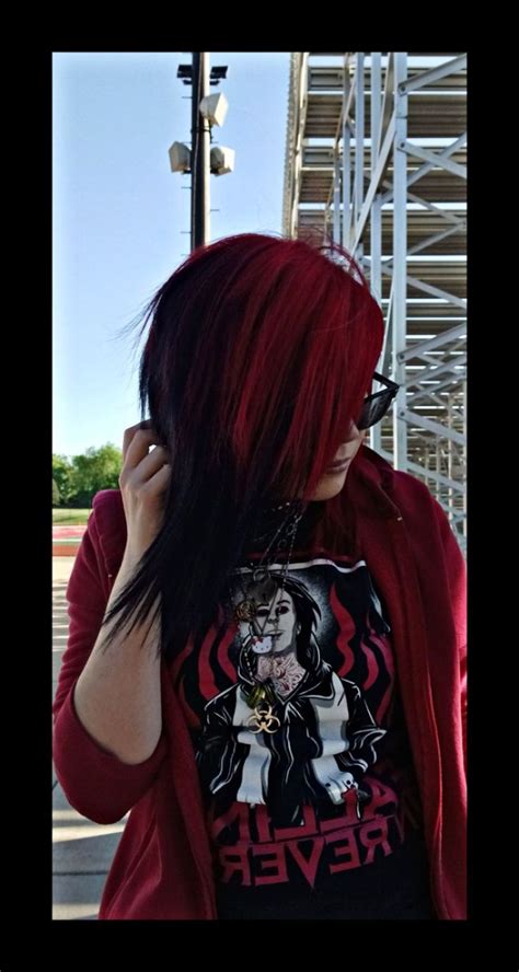 Scene Girl Split Dyed Red And Black Hair In 2021 Emo Scene Hair