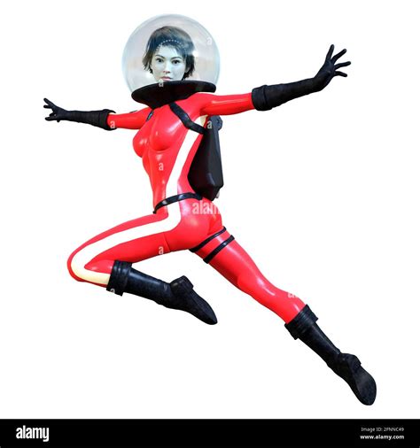 3d Rendering Of A Sceince Fiction Astronaut Woman In A Red Retro Space Suit Isolated On White