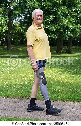 Happy Older Man Walking With Prosthetic Leg Single Happy Older Man In