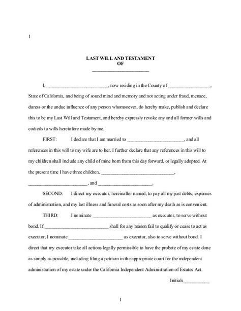 Printable California Last Will And Testament Free Template Printable