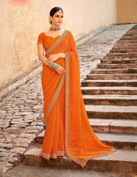 Orange Colour Stavan Vihana Georgette Embroidery Border With Embroidery Blouse Saree Collection
