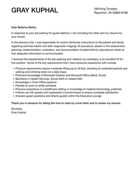 Guest Relations Cover Letter Velvet Jobs