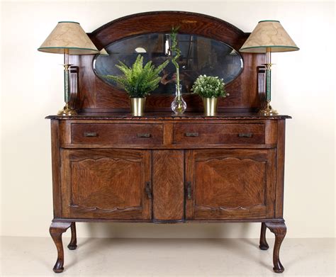 Antique Oak Carved Sideboard Mirrored Credenza Buffet Arts Crafts