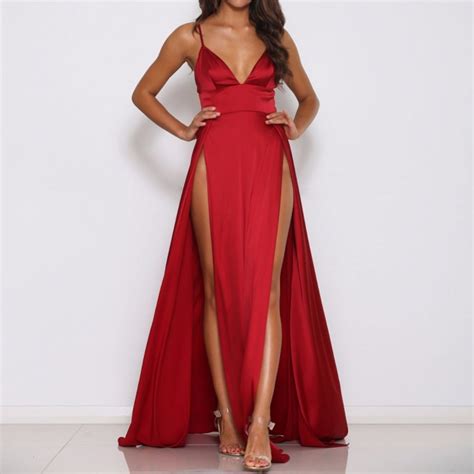 2018 Sexy Deep V Neck Backless Maxi Dress 2 High Splits Dress Red Satin