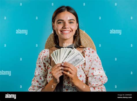 Amazed Happy Excited Woman With Money Us Currency Dollars Banknotes