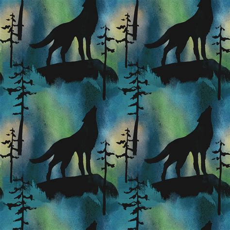 Wolf Fabric Wolves Howling At The Moon On Blue And Green Cotton Or
