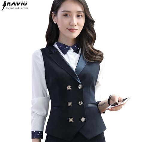 Fashion Business Interview Women Vest Spring Slim V Neck Double Row Button Formal Office Ladies