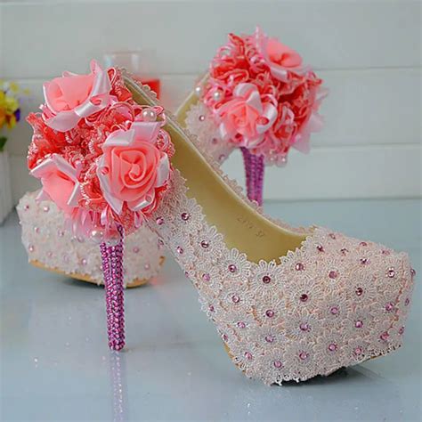 Pink Lace Flowers Bling Heels Women Wedding Shoes Sexy Slip On Party Shoes Thin Heels Bridal