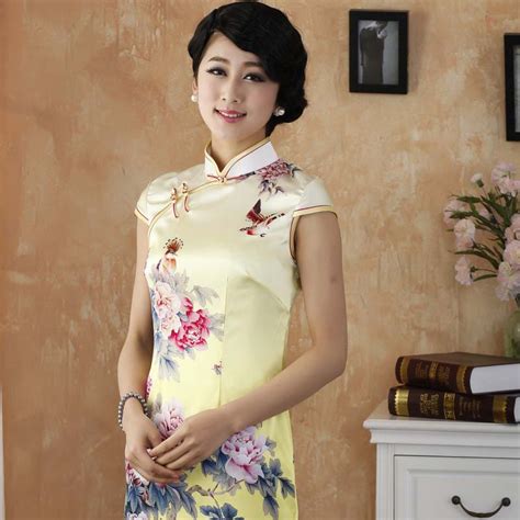 Impressive Peony Flowers Silk Cheongsam Yellow Qipao Cheongsam Dresses Women