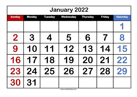 January 2022 Printable Calendar Pdf Word Excel
