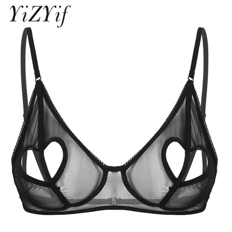 Womens Sexy Open Nipple Bra Naughty Heart Shape Hole Wire Free Unlined Bra Top See Through Sheer