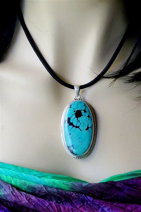 Large Natural Turquoise And Sterling Silver Pendant Necklace