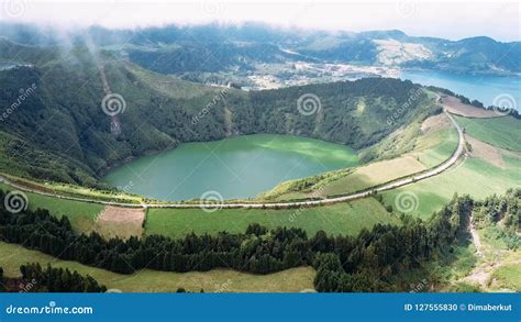 Flying Over Of Boca Do Inferno Lakes In Sete Cidades Volcanic Craters