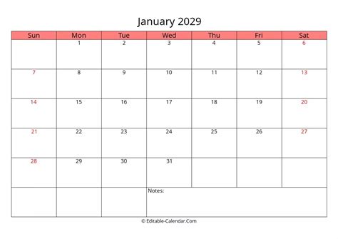 Download Editable Calendar January 2029 Weeks Start On Sunday