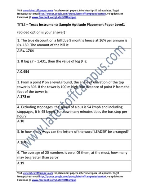 Texas Instruments Sample Aptitude Placement Paper Level1 Pdf