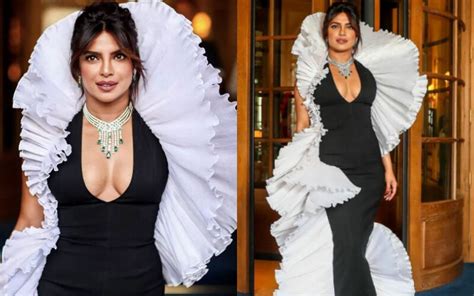 Priyanka Chopra Shows Off Her Cleavage In Sexy Body Hugging Gown With Ruffles As She Attends