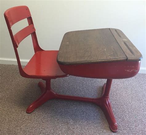 Vintage Old Wooden Red Painted Antique School Desk With Attached Swivel