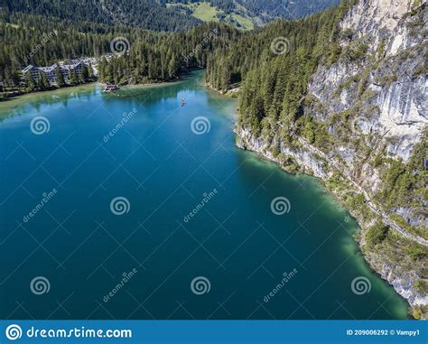 Aerial View Of The Lake Braies Pragser Wildsee Is A Lake In The Prags