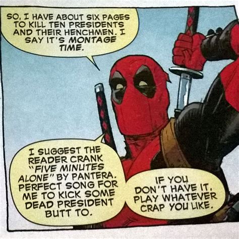 A former special forces operative turned mercenary is subjected to a rogue experiment that leaves him with accelerated healing powers and adopts the alter ego deadpool. Just Deadpool ! Deadpool quotes | Deadpool comic, Deadpool, Comics