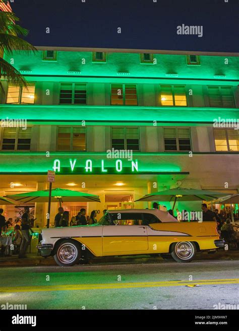 Miami Beach April Colorful Art Deco District At Night Miami Beach Ocean Drive Hotels And