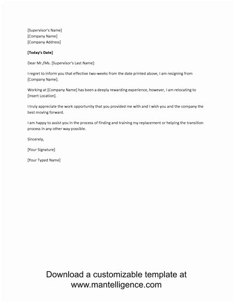 30 Resignation Letter 2 Week Notice Example Document Template Two