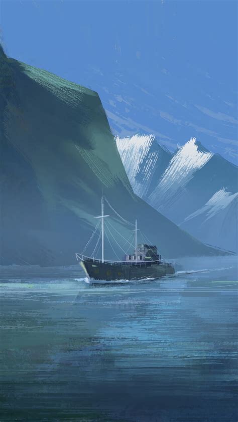 Download Wallpaper 1080x1920 Boat Mountains Rocks Canvas Paint Art