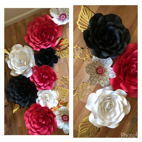 Red Black White And Pattern Paper Flowers With Gold Leaves 15 Year