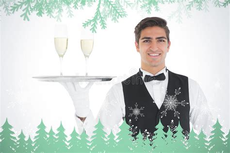 Composite Image Of Smiling Attractive Waiter Holding A Tray With Champagne Glasses On It Stock