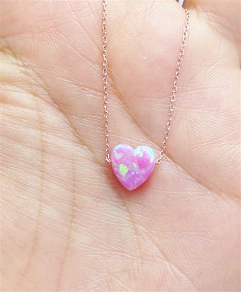 Pink Opal Heart Necklace Opal Silver Necklace Gold Plated Etsy