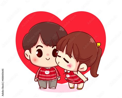 Cute Girl Kissing Her Boyfriend Happy Valentine Cartoon Character