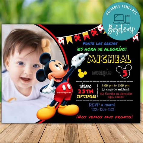 Invitaciones De Cumpleaños De Mickey Mouse Editables Con Foto Diy