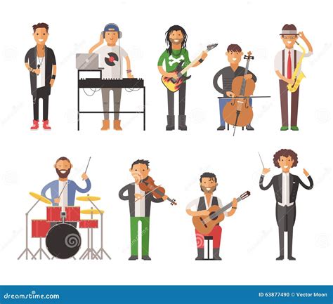 Musicians People Set Guitarist Singer Drummer Characters Playing On