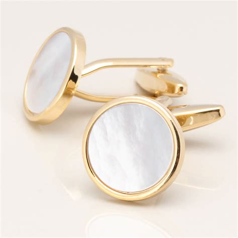 Gold Circular Mother Of Pearl Cufflinks By Badger And Brownbadger And